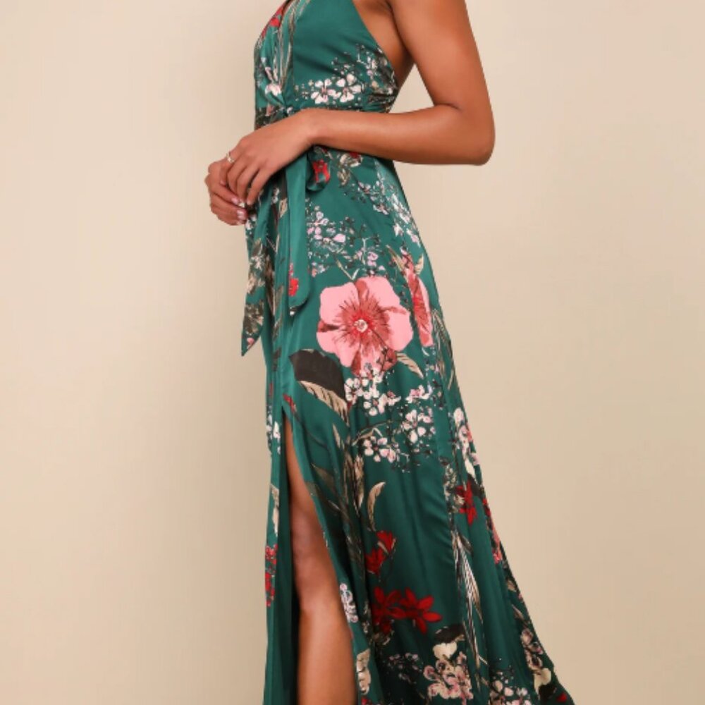 NWT Lulu’s Green Floral Satin Wrap Style Maxi Dress Sz L - Picture 10 of 10